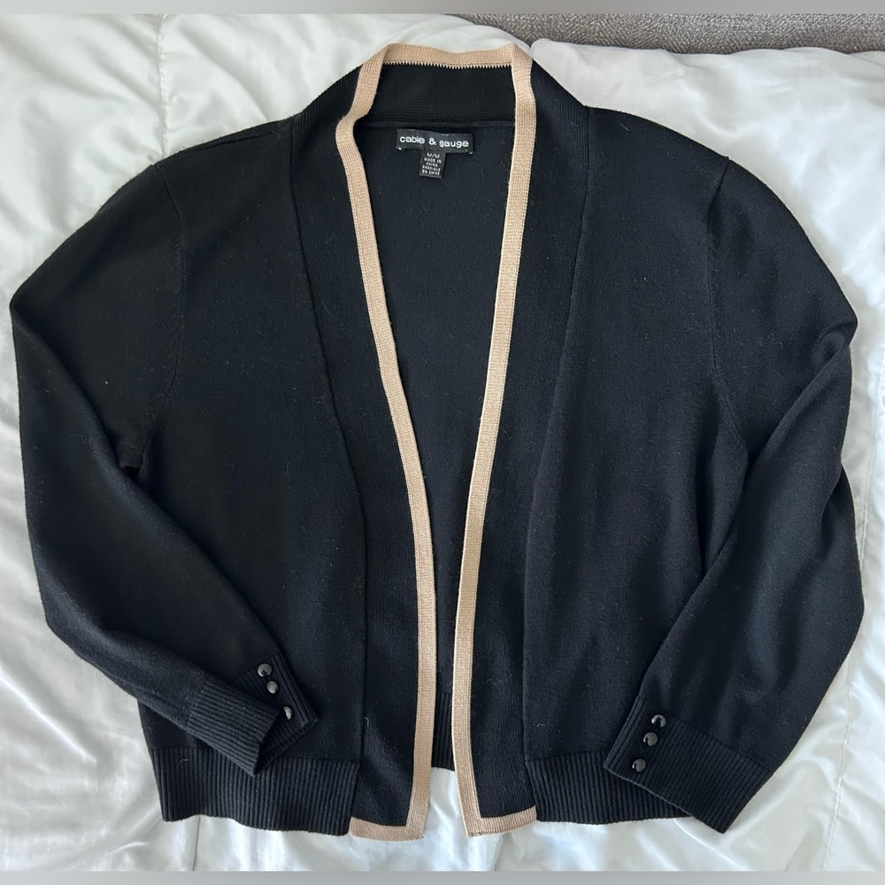Cable & Gauge Black Cardigan with Tan Trim